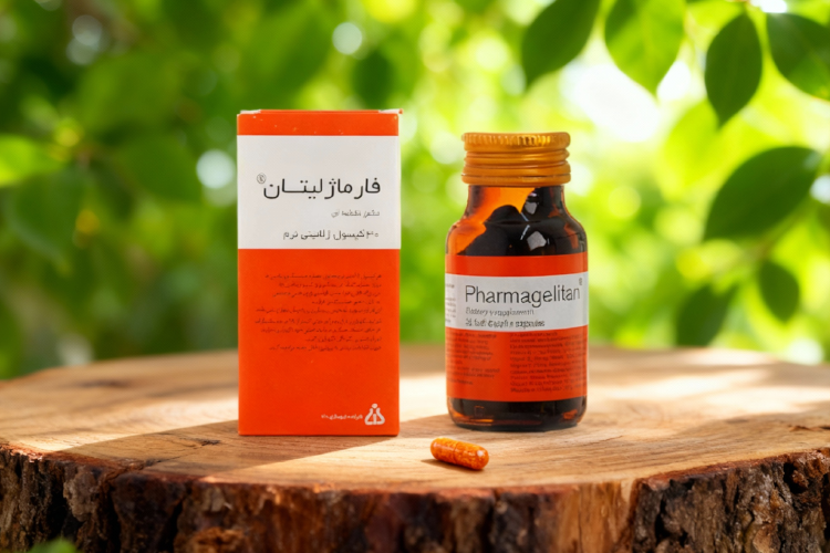 کپسول فارماژلیتان روی سطح چوبی با پس زمینه طبیعی